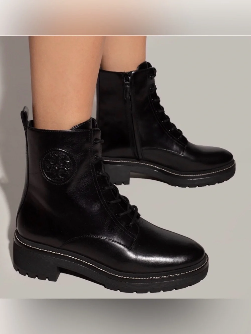 Tory Burch Lug Sole Ankle Boots Perfect Black Leather Lace Up Combat Size 7M New